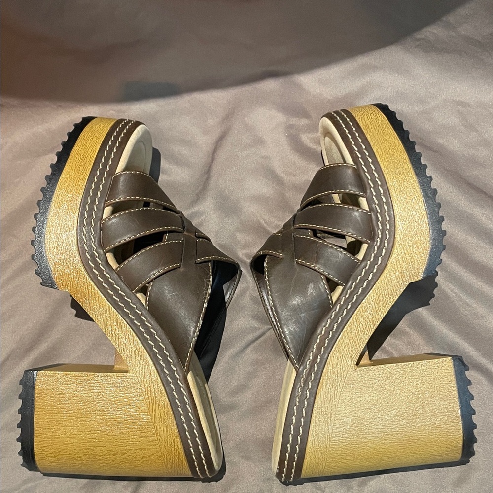 Vintage 90's Y2K Lower East Side Brown Chunky Platform Slides Sandals Size 6.5 - Picture 8 of 10